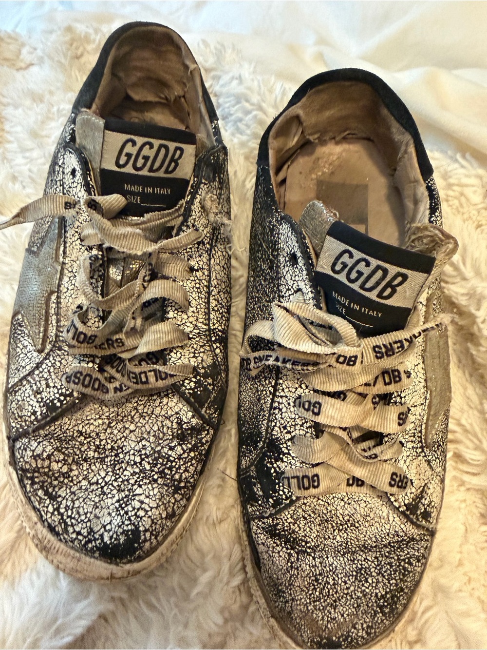Golden GooseWomen's Metallic Black & White Distressed Sneakers